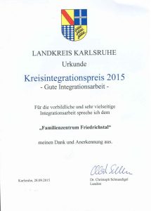 Urkunde Kreisintegrationspreis Familienzentrum Friedrichstal